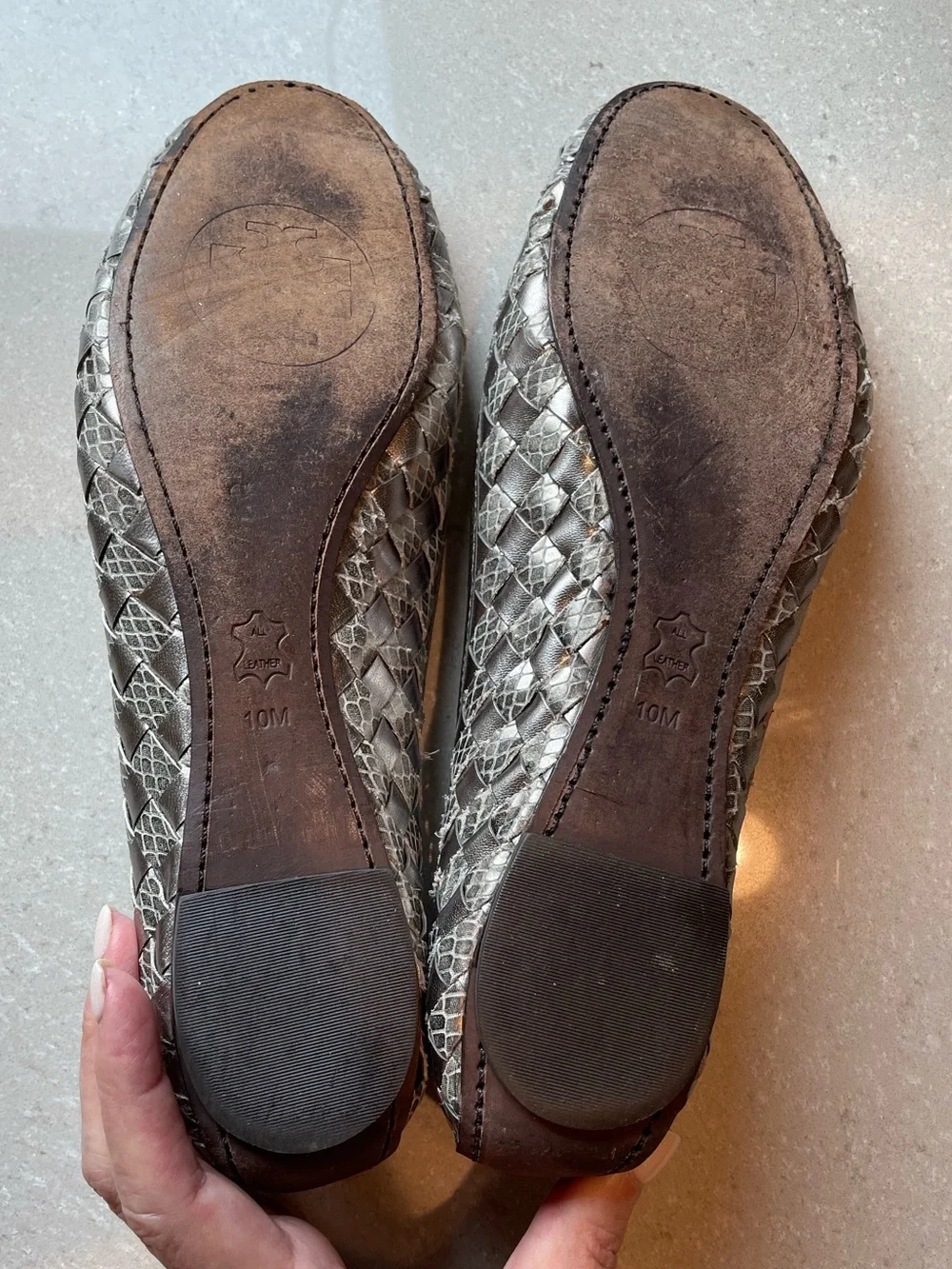 Tory Burch Silver Woven Leather Ballet Flats with Logo Charm